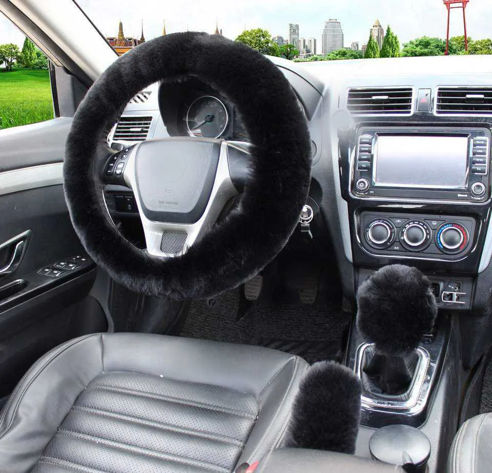 Custom Luxury Cute Furry Fluffy Car Steering Wheel Cover Protector 3 Pcs Women Fur Soft Steering Wheel Cover Set