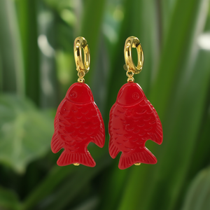 Fashion <b>Drop</b> <b>Earrings</b> <b>Red</b> Fish Shape PVD Gold Plated 316L Stainless Steel Sustainable Design - Product Image 3