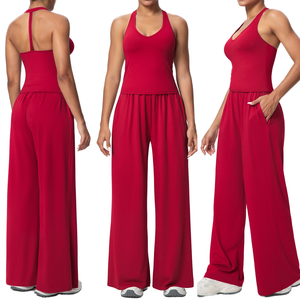 Ensemble de yoga uni et léger à séchage rapide : soutien-gorge de sport une pièce à bretelles et short de yoga texturé à manches longues - Product Image 1