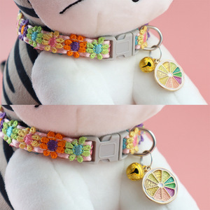 Colorful <b>Lace</b> Polyester Print Soft Durable Cat <b>Collar</b> with Small Flower Pattern and Neck Bell Decoration - Product Image 2