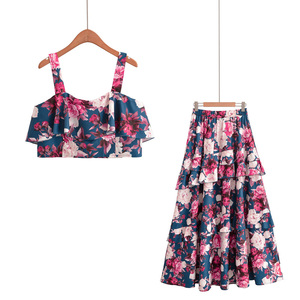 Women Summer Casual Floral Print Two Piece Set Sleeveless Ruffle <b>Crop</b> Tiered Maxi <b>Skirt</b> Breathable Boho Beach Vacation Outfit - Product Image 6