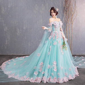Off The Shoulder Floral Ball Gown Empire Waist <b>Floor</b> Length Evening Dress With 3D Flower Appliques For Formal Events - Product Image 1