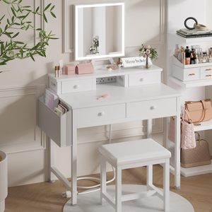 Table de maquillage moderne minimaliste <span class=keywords><strong>avec</strong></span> <span class=keywords><strong>miroir</strong></span> LED blanc <span class=keywords><strong>et</strong></span> rangement pour chambre à coucher, petit espace - MDF, intensité réglable, fixation au sol - Product Image 2