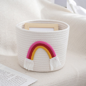 Woven Storage Basket Round Cotton Rainbow Design Toy Organizer <b>Desk</b> Organizer Multicolor 100% Cotton Craft Basket - Product Image 4