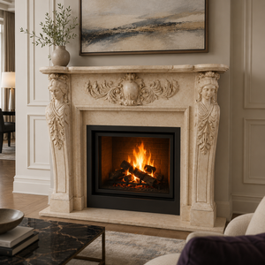 Cheminée en marbre personnalisée, moderne, sculptée à la main, luxueuse, classique, beige crème, avec manteau de cheminée en marbre et cadre de cheminée en marbre - Product Image 1