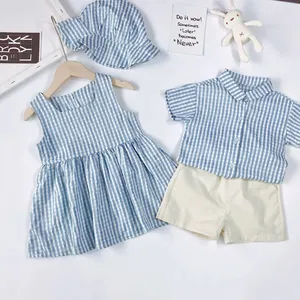 Wholesale 2024 Custom Cotton Boys And Girls Clothing Sets Striped Dress With Hat Polo Shirt 2 Pcs Outfits Children Clothing