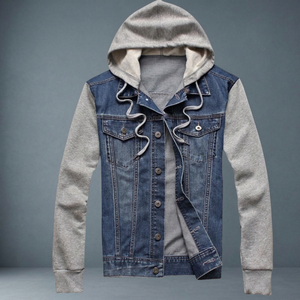Hoodies manches en denim et polaire pour hommes Style unique Respirant Hommes Hoodies dans les meilleures combinaisons de matériaux bleu et gris - Product Image 3