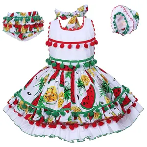 OEM Pettigirl Melancia Espanhol Flor Bonnet e Calcinhas de Verão Vestido Da Menina Da Criança