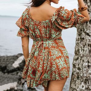 Robe courte en lin 100% personnalisée, style bohème, manches bouffantes, col carré, boutons, OEM - Product Image 3