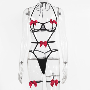 Set di biancheria intima a forma di fiocco Sexy con bordo trivellante perizoma per le gambe in Europa e in America allettante e divertente Set 3 pezzi - Product Image 2
