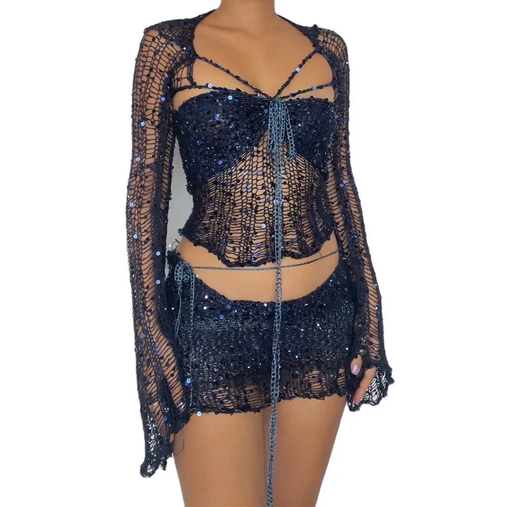 Tốt Nhất Bán 3 Mảnh Sequin Váy Ngắn Với Dài Bùng Tay Áo Mini Dress Sexy Váy Ngắn Phụ Nữ Bên Buổi Tối