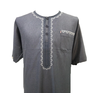<b>Men's</b> Gray Cotton <b>Thobe</b> Short Sleeve Round Neck Embroidered Ethnic Regular Fit Breathable Floor Length Daily Wear Islam Style - Product Image 1