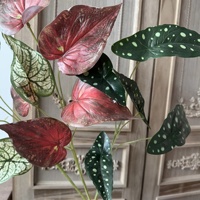 KW-F183 5 Tangkai Daun Begonia Buatan Warna-warni, Daun Caladium Buatan untuk Dekorasi Pernikahan dan Hiasan Hijau