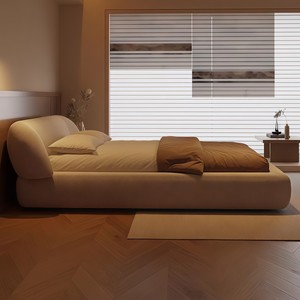 Letto Matrimoniale Moderno Minimalista in Lino Lussuoso con Rivestimento in Velluto Crema per Camera da Letto Principale, Letto Nuziale con Rivestimento Morbido Avvolgente - Product Image 3