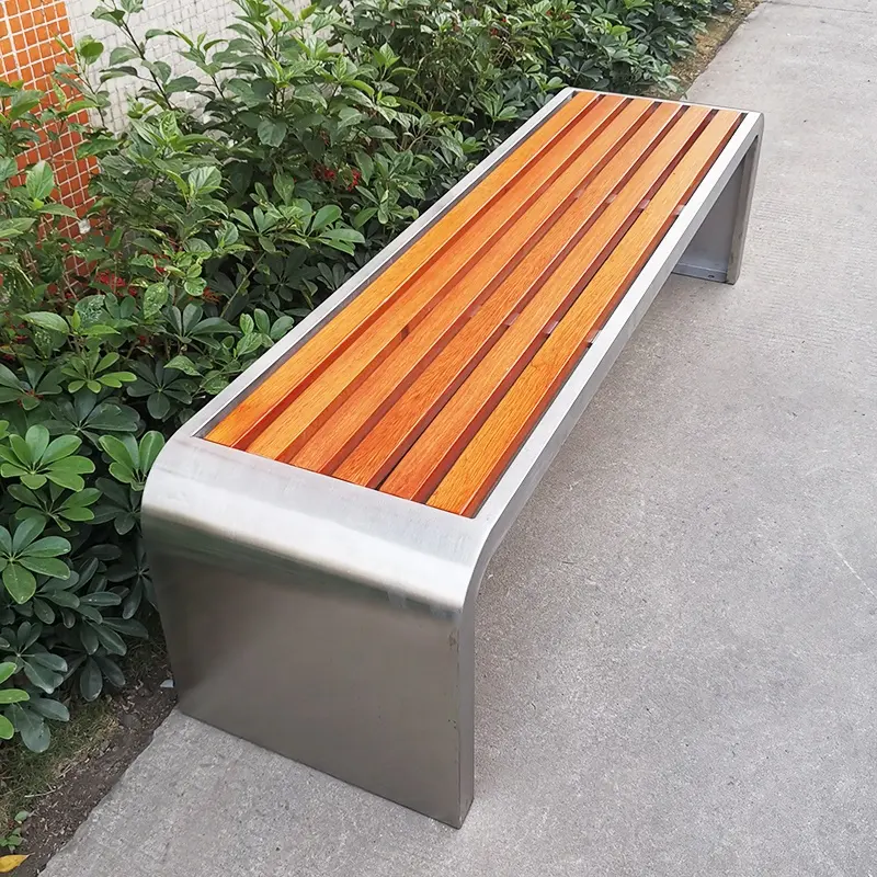 Giải trí đường phố công cộng đồ nội thất thép không gỉ băng ghế ngoài trời với gỗ rắn