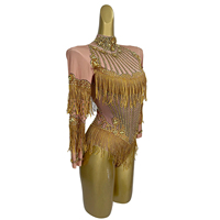 Combinaison de performance de scène en strass doré Costumes de spectacle de pom-pom girls pour femmes Bodycon Pole Dance Leotard Carnival Party Body