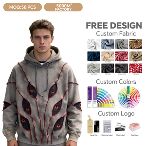 Custom Eye Applique Embroidery Logo 100% Cotton Heavyweight 500g Unisex Distressed Streetwear Pullover Hoodie