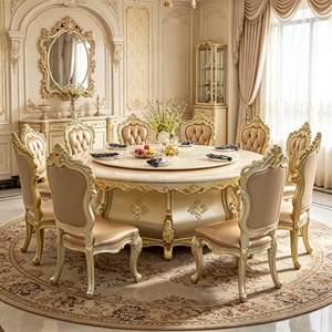 Ensemble de table à manger européenne de luxe avec plateau tournant, chaises en bois massif sculptées à la main et dorées, mobilier de salle à manger en gros - Product Image 4