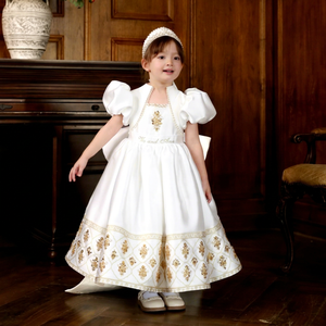 Vestido de Princesa Arabesque Blanco Babeeni para Niñas, Diseño Floral Bordado a Mano, Otoño, 100% Algodón Tafetán Ecológico, Midi - Product Image 1
