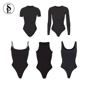 Benutzer definierte Farbe Frauen One Piece Bodycon gerippte Baumwolle Overalls Langarm Shape wear Bodysuit mit U-Ausschnitt