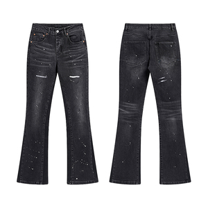 Jean évasé de créateur avec effet éclaboussures d'encre, jean rétro personnalisé de haute qualité, <span class=keywords><strong>pantalon</strong></span> en denim extensible pour homme, jean slim délavé à l'acide - Product Image 1