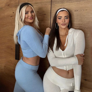 Women <b>Knitted</b> Hooded Two Piece <b>Set</b> Solid Color High Waisted Pants Casual Suit Four Seasons Polyester Fiber - Product Image 3