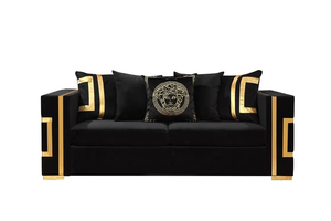 लक्जरी ब्लैक वेलवेट रीक्लिंग सोफे सेट सोने स्टेनलेस स्टील 1 + 2 + 3 सीटर अपार्टमेंट लिविंग रूम होटल कार्यालय फर्नीचर - Product Image 2