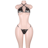 Bikinis deux pièces sexy en cuir effet mouillé avec détails métalliques ajourés, soutiens-gorge string, tenues pour club, Bottle Girl, adultes, festivals, raves et boîtes de nuit