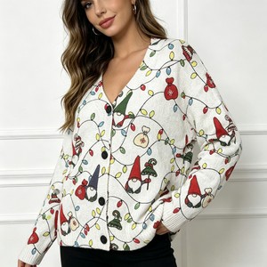 Cardigan en tricot à col en V pour femme, imprimé <span class=keywords><strong>gnome</strong></span> de Noël, lumières de Noël, manches longues, <span class=keywords><strong>pull</strong></span> fantaisie, vente en gros, OEM personnalisé - Product Image 4