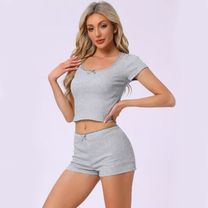 Pyjama deux pièces côtelé pour femmes, avec bordure en dentelle, manches courtes, col en U, short à taille élastique, vêtements <span class=keywords><strong>de</strong></span> nuit en coton doux pour la peau - Product Image 1