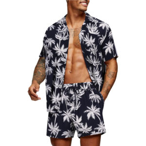 Setelan katun kasual pria, baju + celana Hawaii motif Hawaii, nyaman, kasual - Product Image 1