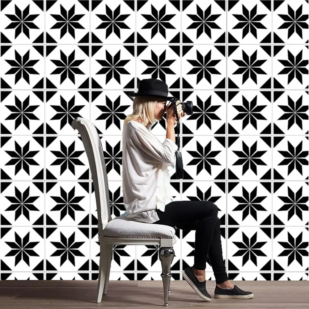 Black White Geometric Pattern Small Tile Kitchen And Living Room Balcony Anti-slip Floor 15x15 Tile Sticker