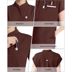 Ensemble de blouses médicales pour femmes FOXA, haut sans manches à col montant, pantalon droit, 11 poches, uniforme médical, usage hospitalier, ceinture yoga - Product Image 2