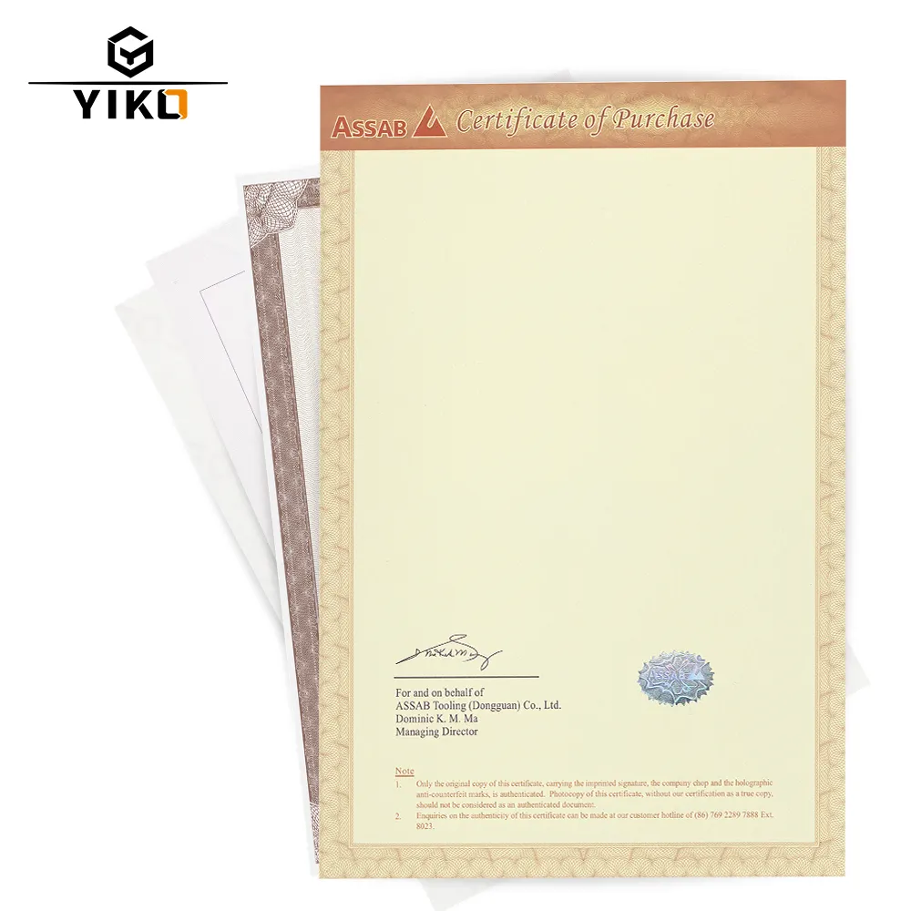 Yiko Certificate Paper of Degree、カスタムセキュリティ証明書、偽造防止認証証明書