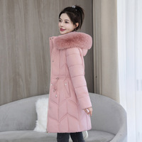 Manteau d'hiver pour femme imperméable mi-long en coton rembourré, style coréen, à capuche avec grand col en fourrure, taille ajustable par cordon, manteau extérieur épais