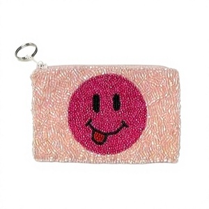Beaded <b>Pink</b> Smile Coin <b>Purse</b> Zipper Closure Handmade Mini Unisex Cartoon Style - Product Image 1