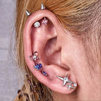 Piercing Labret en Titane ASTM F136 G23 à Filetage Interne avec Double Étoile à Quatre Branches en Zircon Cubique pour Tragus, Cartilage, Hélix, Conch, Lèvre
