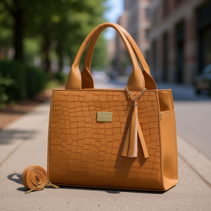 Bolso de Mano para Mujer Fana Alejandra, Color Camel, PU con Patrón de Cocodrilo, Decoración de Borlas, Forma de Cruz, Dos Correas, Uso Diario - Product Image 2