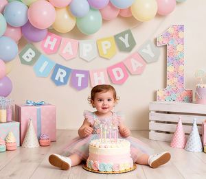 Happy Birthday Felt <b>Pastel</b> Macaron Pattern Foldable Banner <b>Decorations</b> Sign Rainbow Party Garland First Girl Pennant - Product Image 4