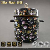 Marmite vapeur en émail 24 cm, motif floral, poignée noire et or, ensemble de cuisson vapeur 3 pièces pour légumes et fruits de mer, vente en gros usine
