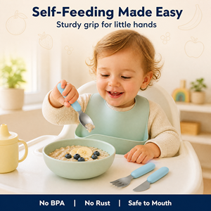 Juego de cucharas y tenedores de silicona duraderos respetuosos con el medio ambiente para bebés, juego de comedor de acero inoxidable para niños con mango de silicona, venta al por mayor - Product Image 4