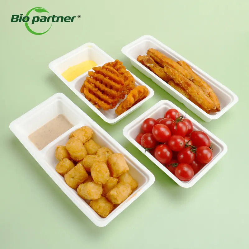 Bandeja de frutas para alimentos, papel de celulose personalizado biodegradável com logotipo OEM, recipiente para lanches e fast food, bagaço de cana-de-açúcar