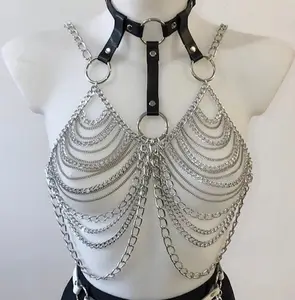 Leather chain harness body chain bra goth punk sexy chain top women body jewelry summer festival