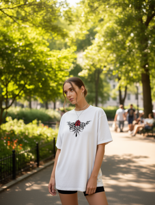 T-shirt da donna retrò con design Rosa Rossa e Ali Nere, in morbido tessuto jersey traspirante, girocollo, maniche corte, vestibilità ampia, estivo - Product Image 2