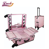 Grande capacité pour valise trolley de studio rose Pro, roues lumineuses LED tendance, étui de maquillage pour artiste maquilleur