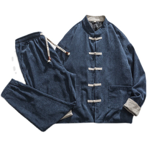 خصم 10% على طقم رجالي من قطعتين مقاس <span class=keywords><strong>M</strong></span>-5XL، سترة بياقة عالية من القطيفة المضلعة مع بنطلون، طقم بتصميم صيني عتيق مع أزرار - Product Image 1