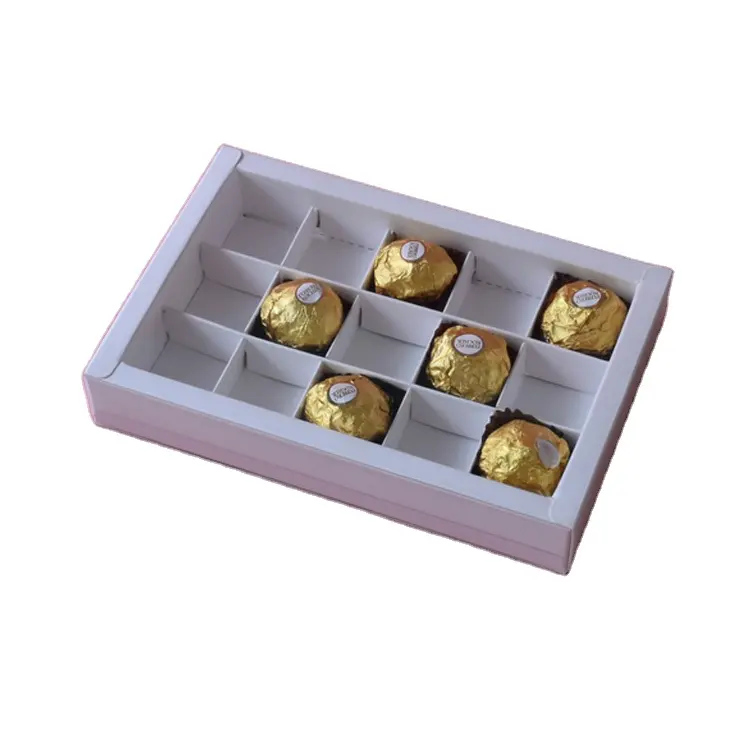 골판지 칸 그리드 내부 트레이 포장 그리드 필름 투명 슬리브가있는 초콜릿 프랄린 종이 식품 상자