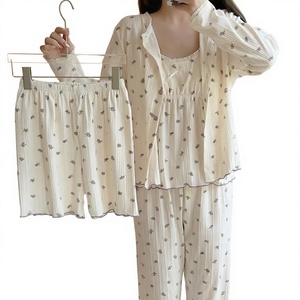 Ensemble de pyjama floral pour femmes, 4 pièces, vêtements de détente côtelés, printemps automne, vêtements de nuit pour la maison - Product Image 2