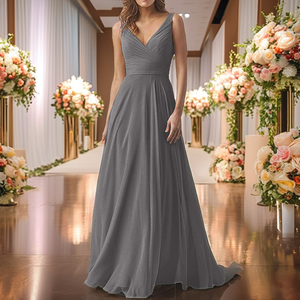 Vestidos de Dama de Honor Clásicos de Talla Grande con Cintura Imperio, de Gasa Drapeada hasta el Suelo, Corte A, Escote en V, Elegantes y a la Moda para Fiestas y Eventos Nocturnos - Product Image 2