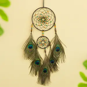 Indian Peacock Feather Dream Catcher Vintage Colorful Beaded Wind Chimes Wall Hanging Home Bedroom Decor